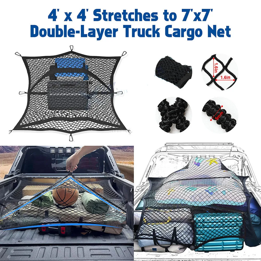 Universal Large Car Cargo Net with 6 Hooks Double-Layer Elastic Mesh Luggage Cargo Storage Net For Van Truck Mesh Network Pocket