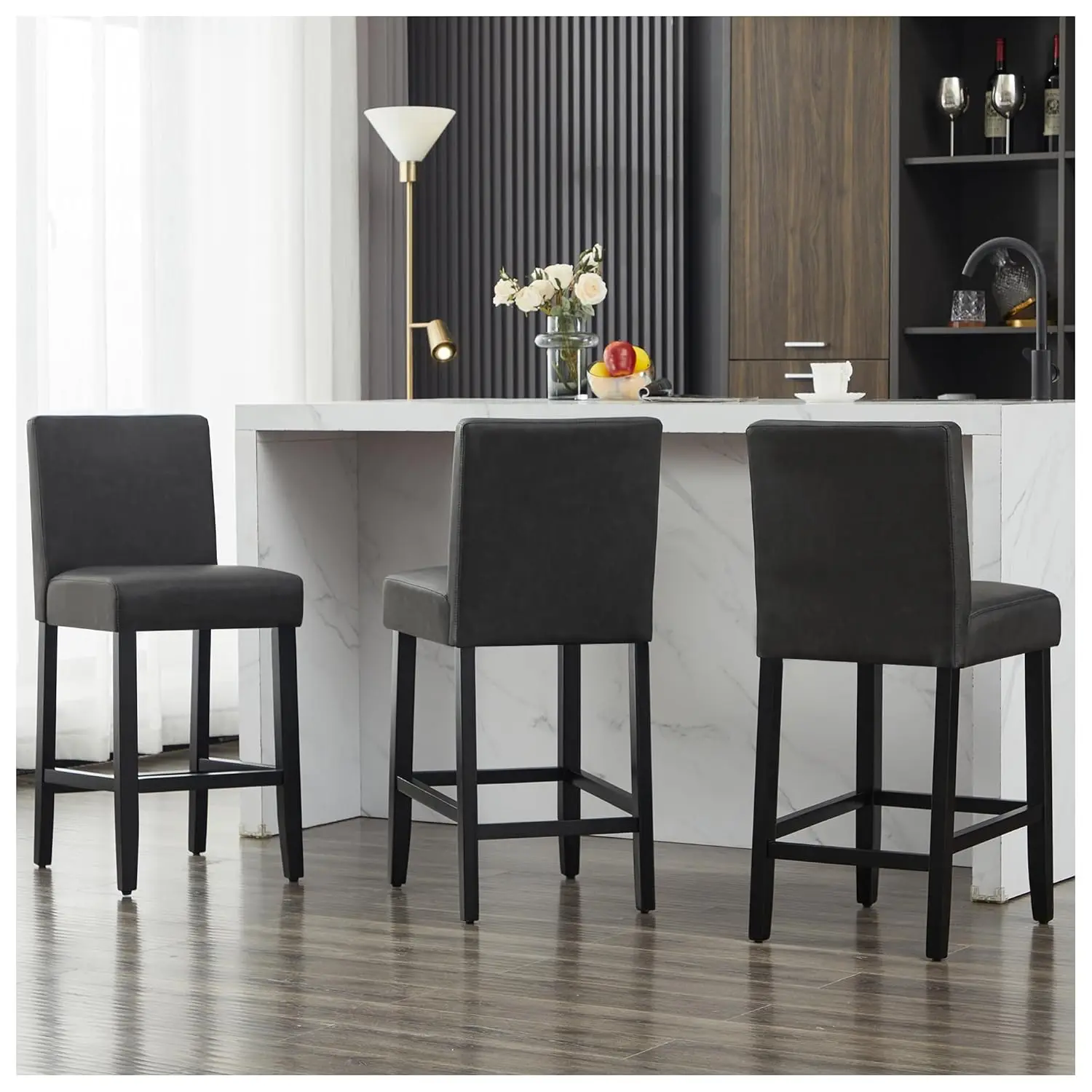 Bar Stools Set of 3, 26'' Counter Height Bar Stools, Modern Faux Leather Barstools with Soild Wood Legs and Back, Customized