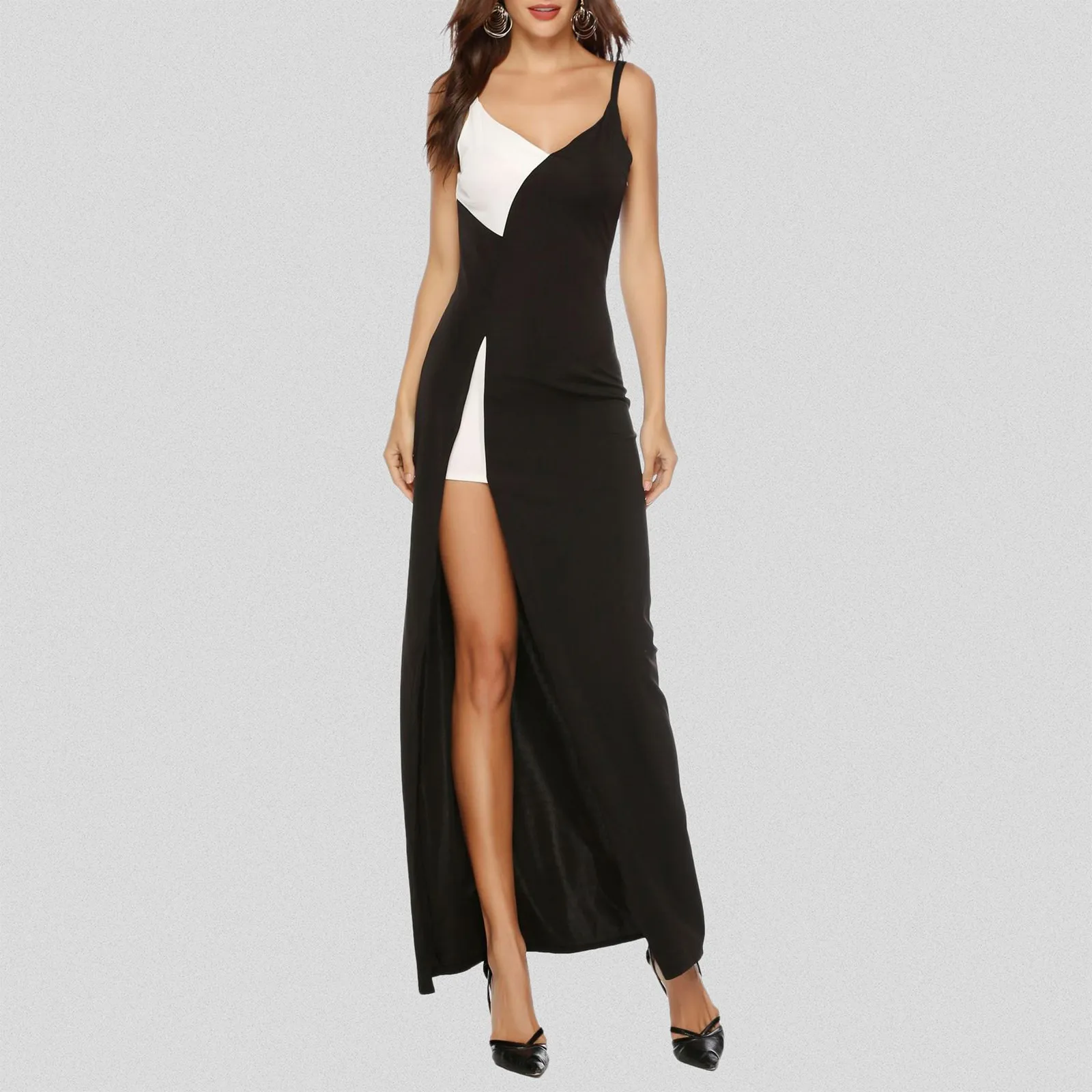 Robe de soirée longue noire et blanche, tenue de soirée, col en V, sexy, fente latérale, boîte de nuit, tango, à la mode