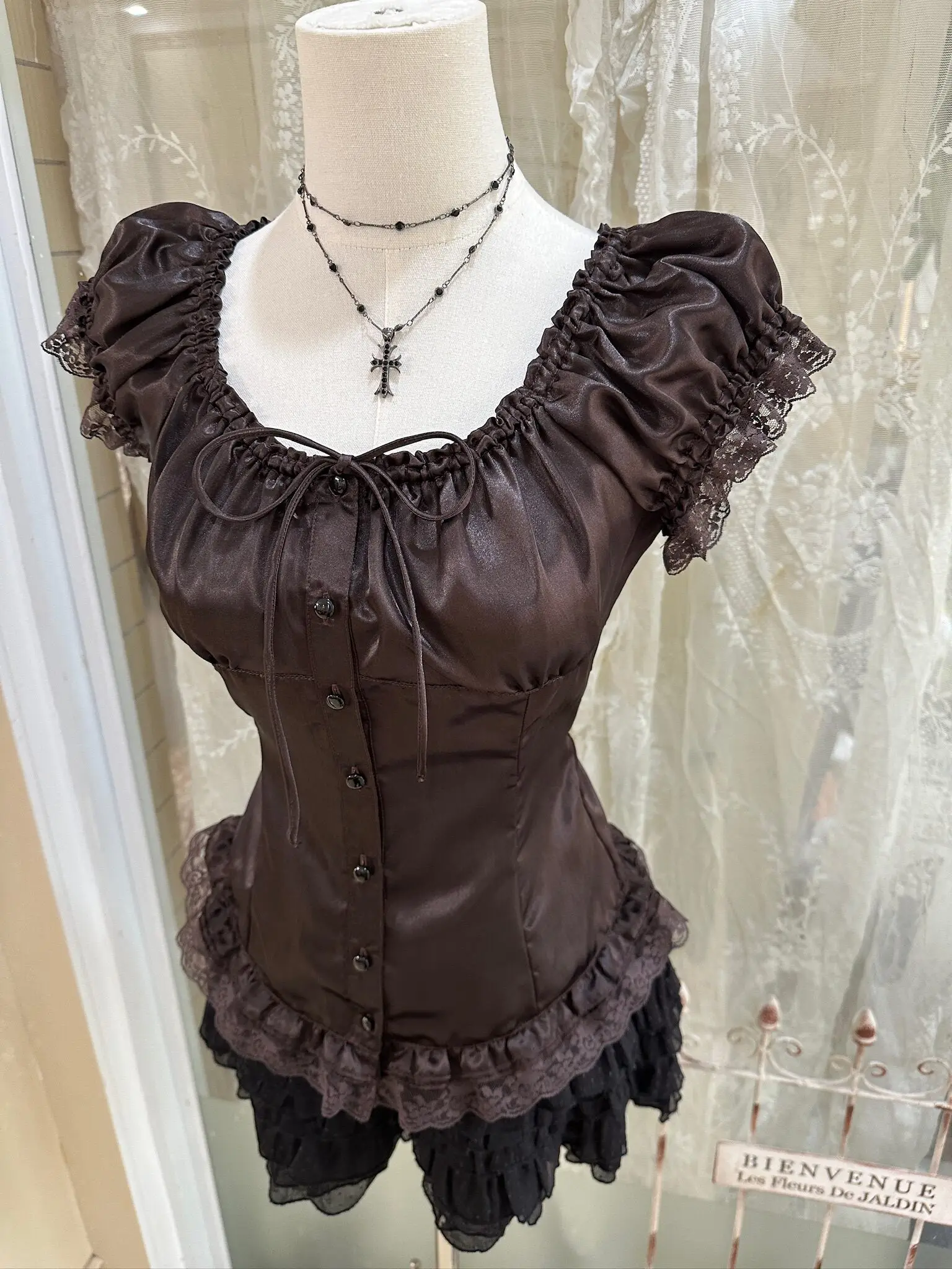 2026 New Summer Vintage Dark Coffee Short Sleeve Shirt Elegant Lace Slimming Basic Top Single-breasted Drawstring Lolita Clothes