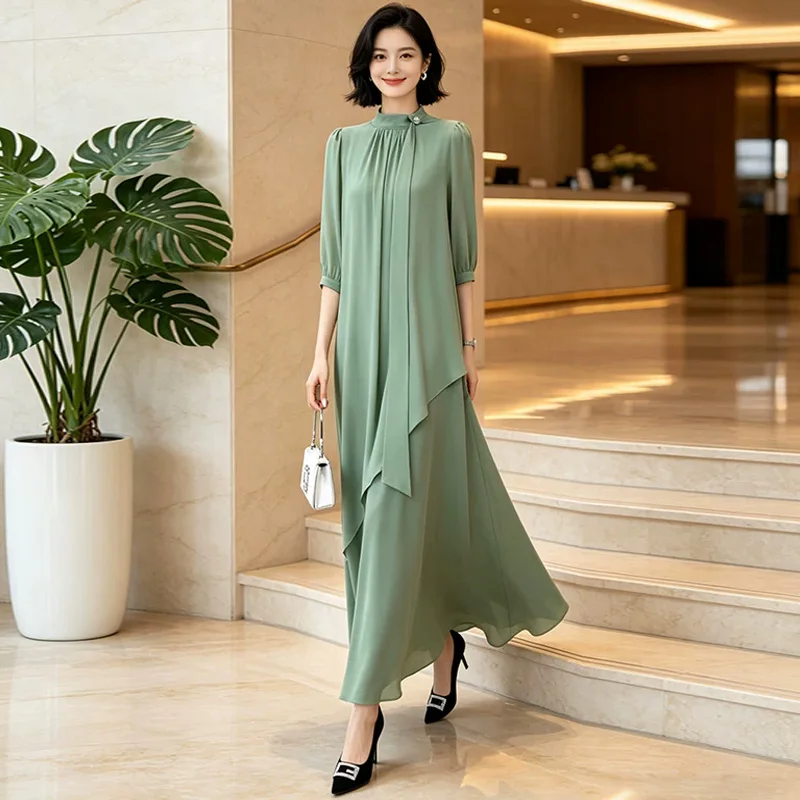 

New Women Summer Loose Long Dress Fashion Solid Color Stand Collar Wide-waisted Mid-Calf Dress Casual Daily Straight Dress
