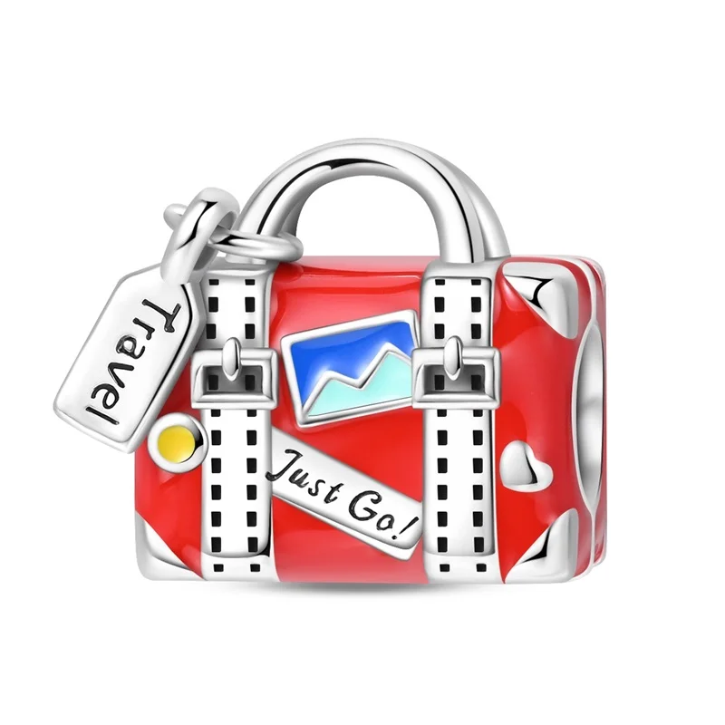

New 925 Sterling Silver Fashion Red Suitcase Charms Bead Fit 3mm Original Bracelet DIY Women Travel Jewelry