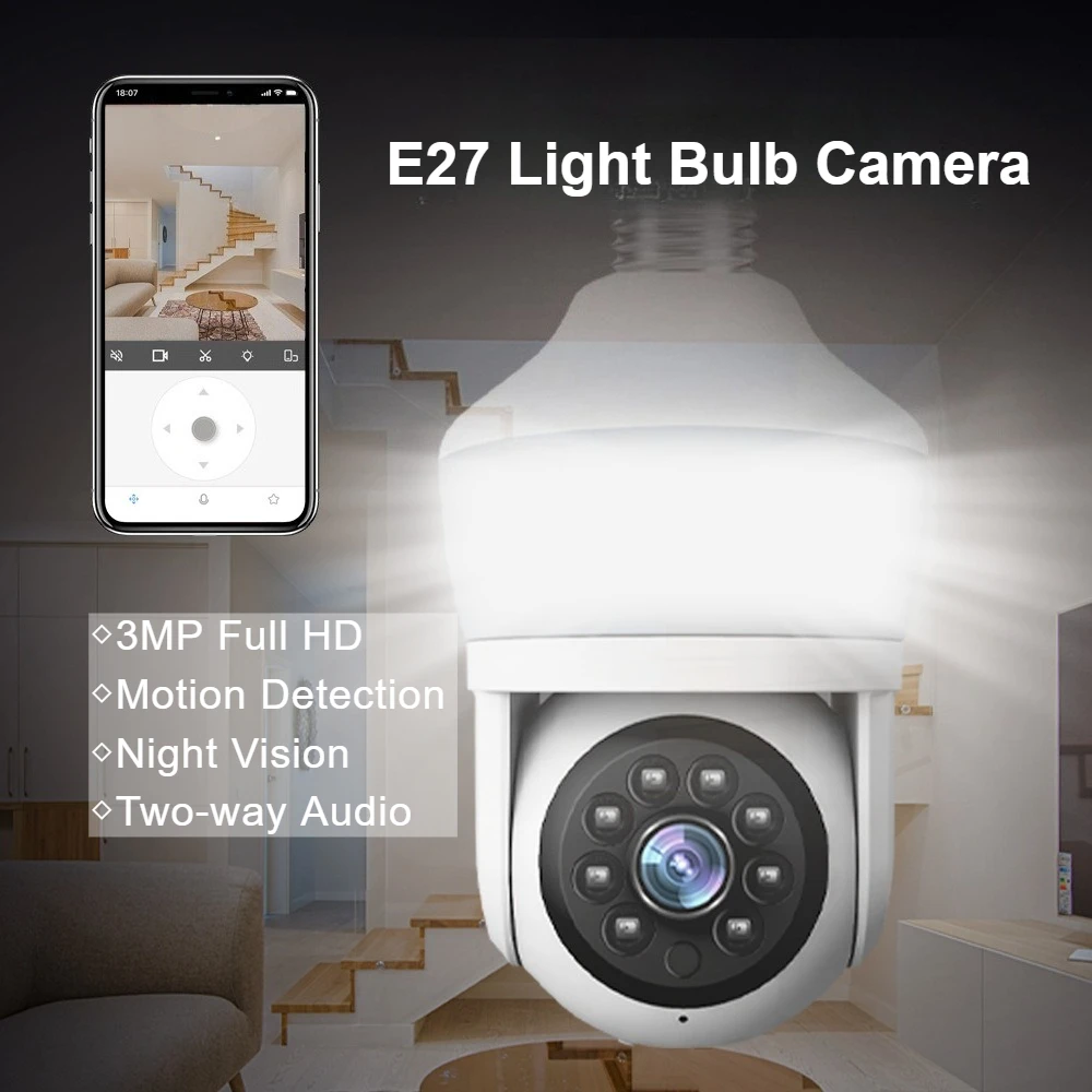 3MP E27 Light Bulb Camera Security Wifi Auto Track Motion Alarm Remote Monitor 2 Way Audio Night Vision PTZ Indoor Camera CCTV