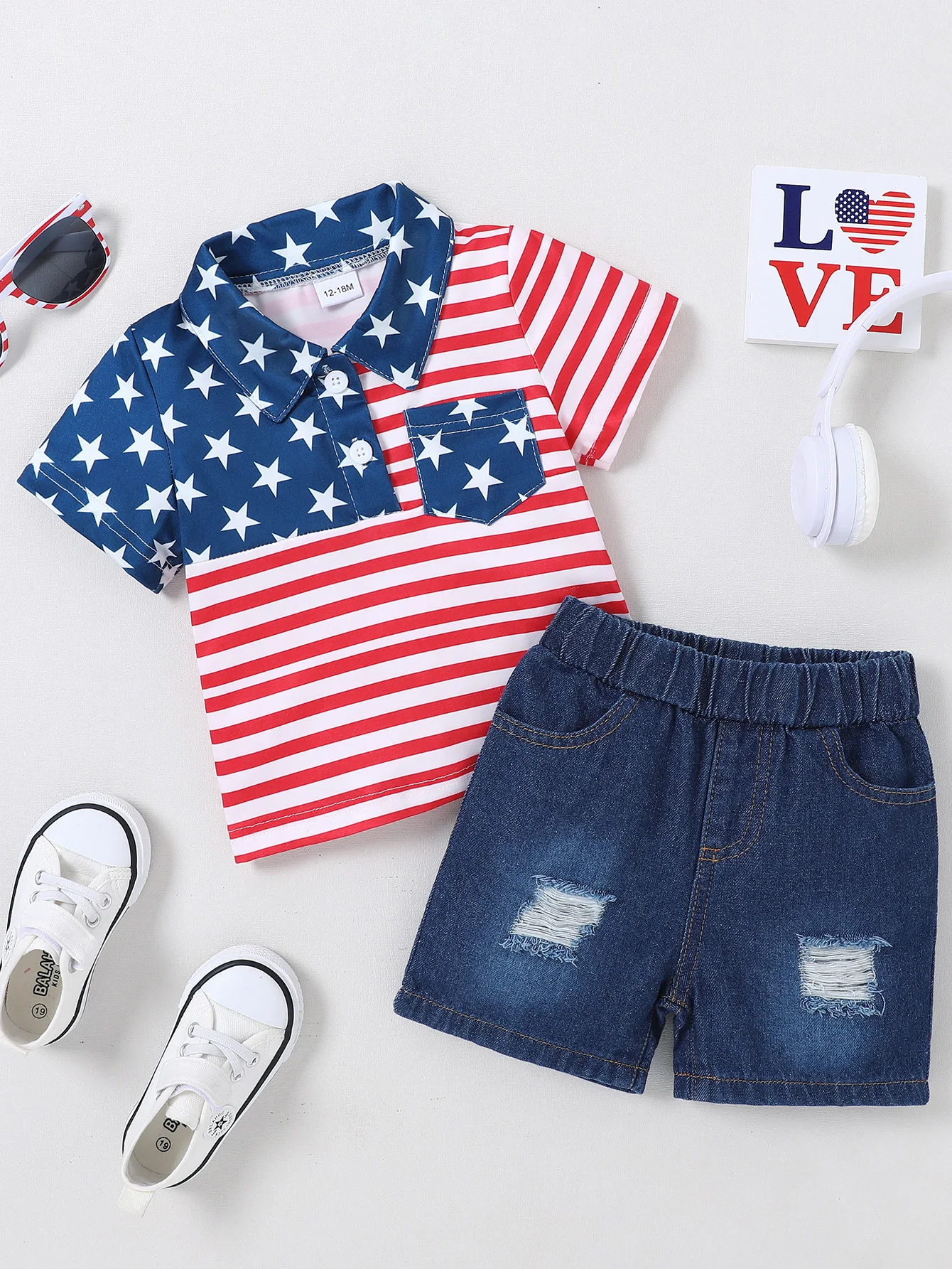 

Toddler Baby Boy Clothes Summer Boys Outfits Short Sleeve Pentagram Striped Flag Elements Polo Shirt , Denim Jean Set