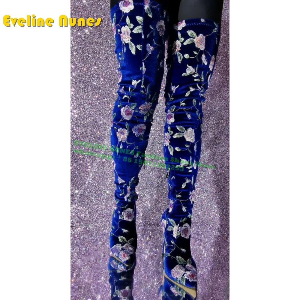 Embroidery Flower Flannel Luxury Long Boots Pointed Toe Stiletto Heels Mixed Colors Heavy Work Women Sexy Shoes 2024 New Arrival