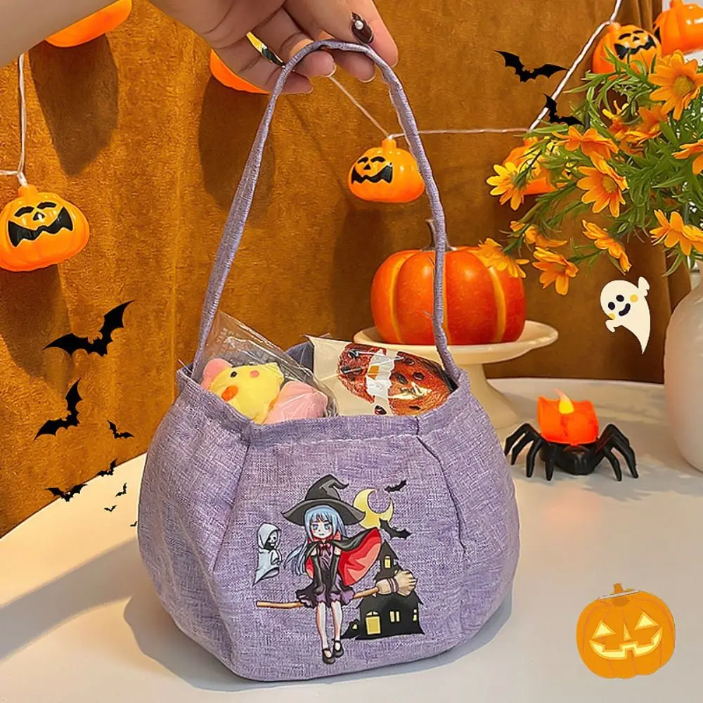 Bolsa de dulces divertida y bonita para Halloween, cubo de almacenamiento con estampado de truco o trato, bolsa de regalos de nailon, bolso de calabaza para niños