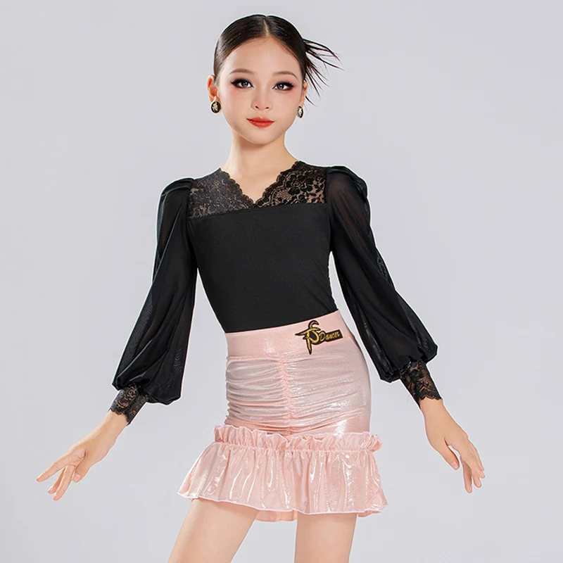 New Girls Latin Dance Clothes Black Lace Tops Pink Ruffled Skirt Cha Cha Dance Wear Long Sleeves Latin Practice Dresses BL17268