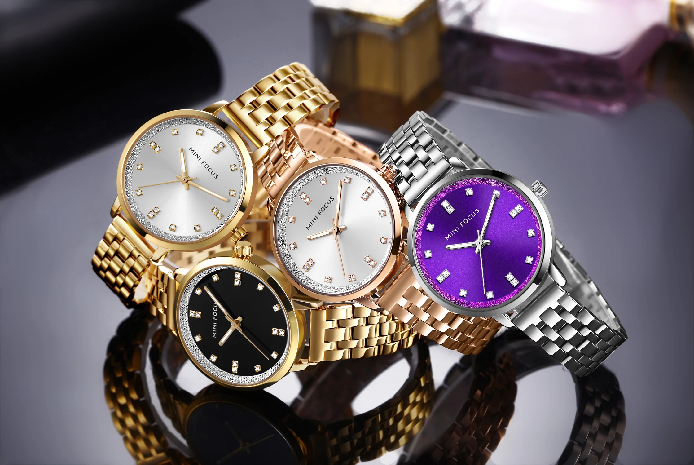 Mini Focus MF0047L Деловые часы Модные стильные серебряные часы из нержавеющей стали с синим циферблатом Водонепроницаемые женские кварцевые часы