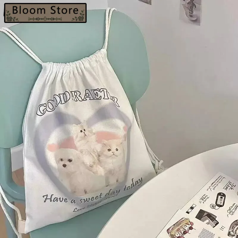 

New Kawaii Cute Cat Heart Print Backpack Cartoon Ins Sweet Girls Drawstring Schoolbag Students Y2k Aesthetic Women's Backpacks