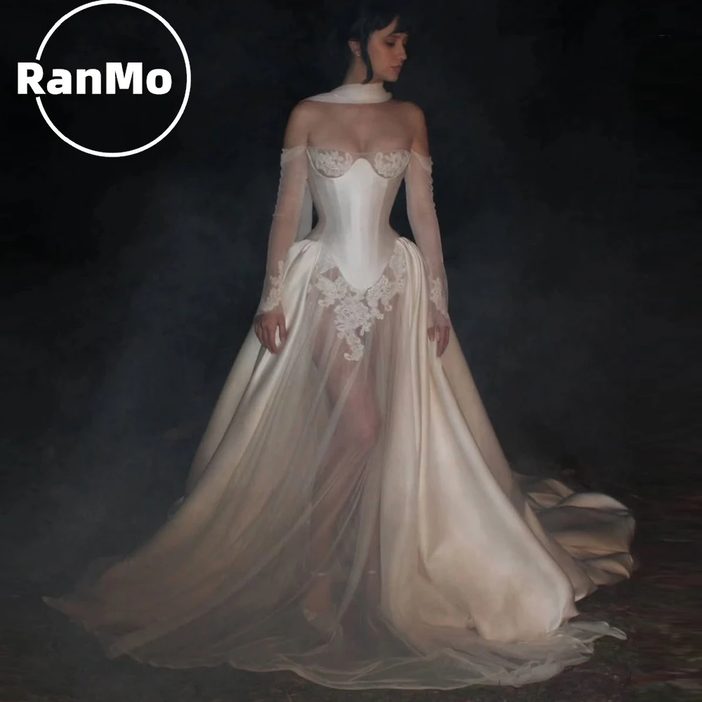 

Ranmo Luxury Lace Wedding Dress Off Shoulder A Line Lace Sleeves 2026 A Line Bridal Gowns Appliques Bride Dress люкс пла