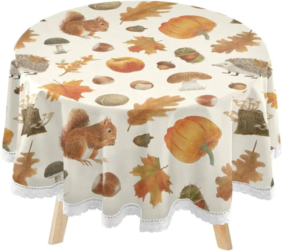 Autumn Squirrel Circular Lace Table Cover Washable for Kitchen Party BBQ Dining Decor