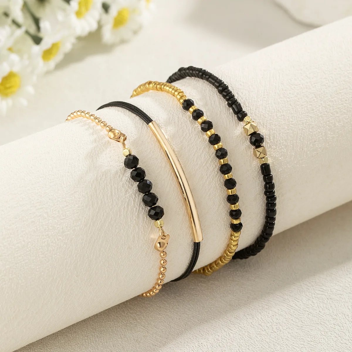 Fashion 4 PCs/Set Black Stone Bracelets For Women Boho Handmade Multilayer Jewelry Accessories Wholesale