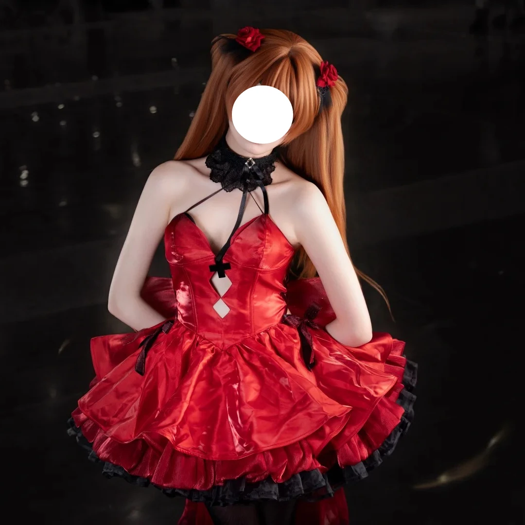 Goddess of Victory: NIKKE X Asuka Red Unifrom Cosplay Costume Formal Gown with Big Bow Lace Choker and Wig for Halloween Party view 3
