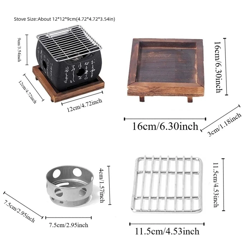 Japanese Style Charcoal Stove with Grill Net Carbon Stove Square Text Stove Aluminium Alloy Square Wooden Board