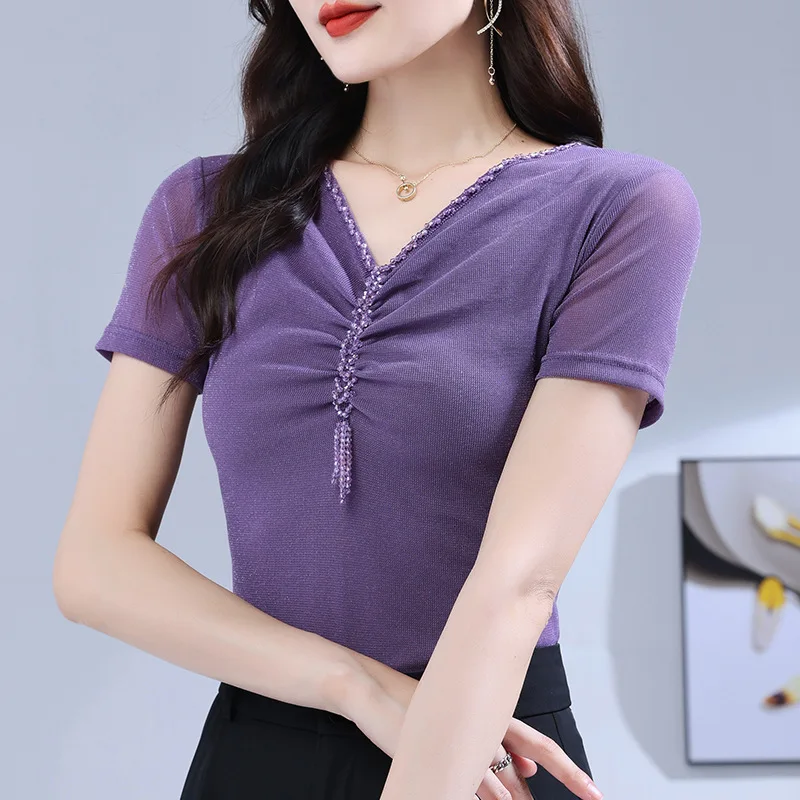 V-Neck Studded Bead T-Shirt, Western Gauze Women\'s Tops Summer Short Sleeved Solid Color Mesh Clothes