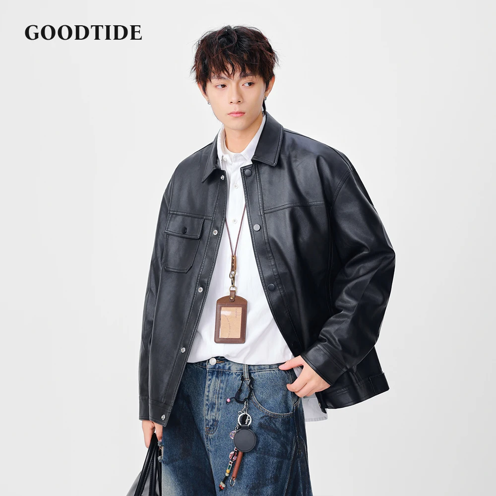 

Men's Black Faux Leather Jacket Lapel Button Down PU Leather Coat with Pocket Casual Streetwear Fashion Outerwear for Men
