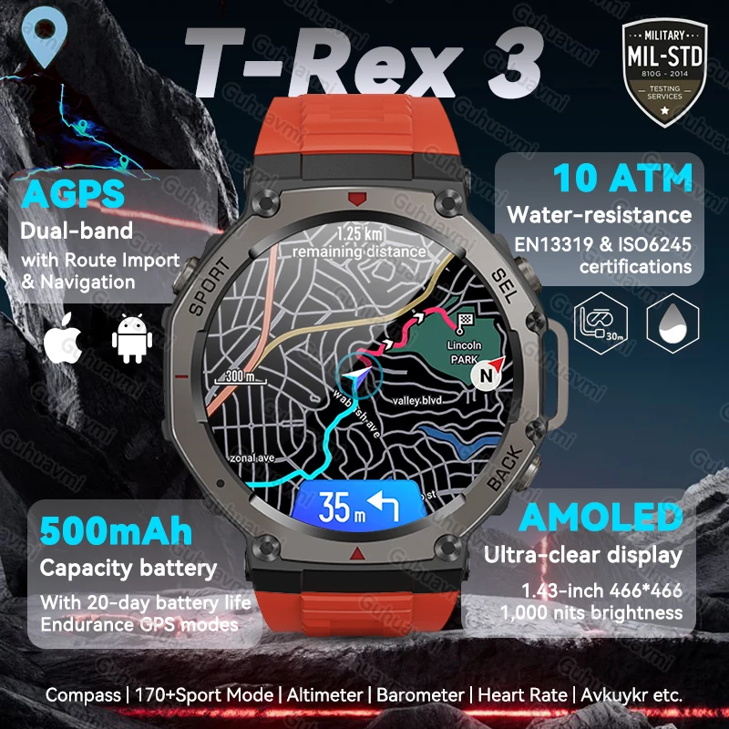 

T-Rex 3 Pro Military Smart Watch Built-in Dual-band GPS Compass Clock 10ATM&IP69K Waterproof Altimeter Barometric Sport Bracelet