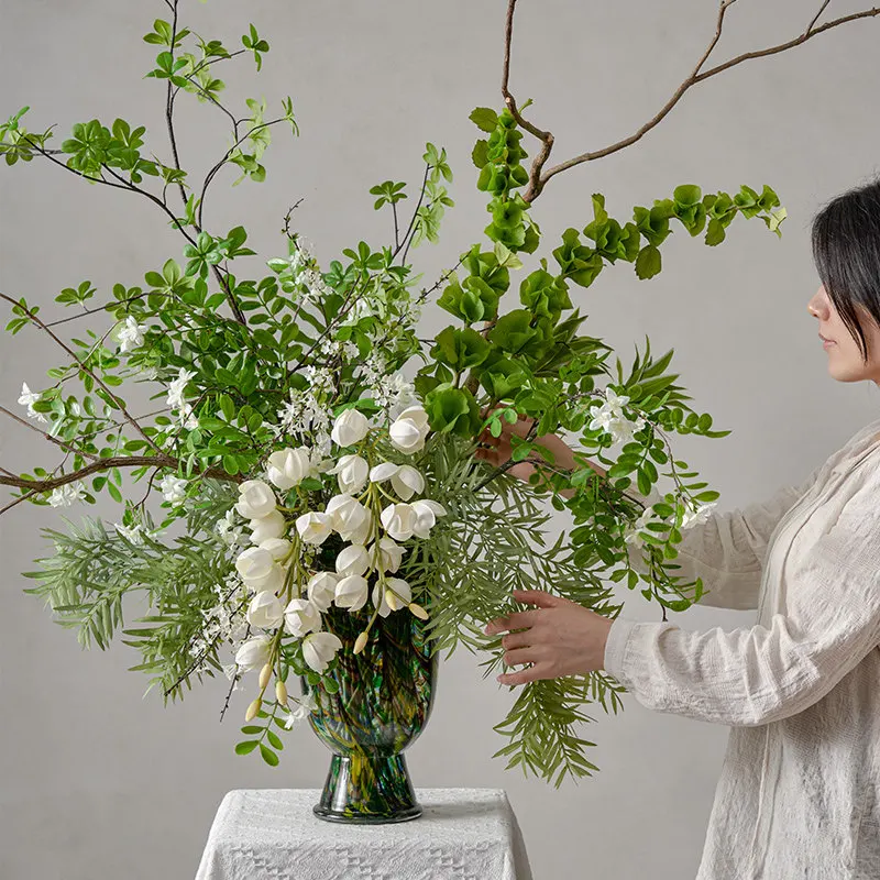 Modern glass literary vase ornament, living room creative art flower arrangement, flower art simulation bouquet