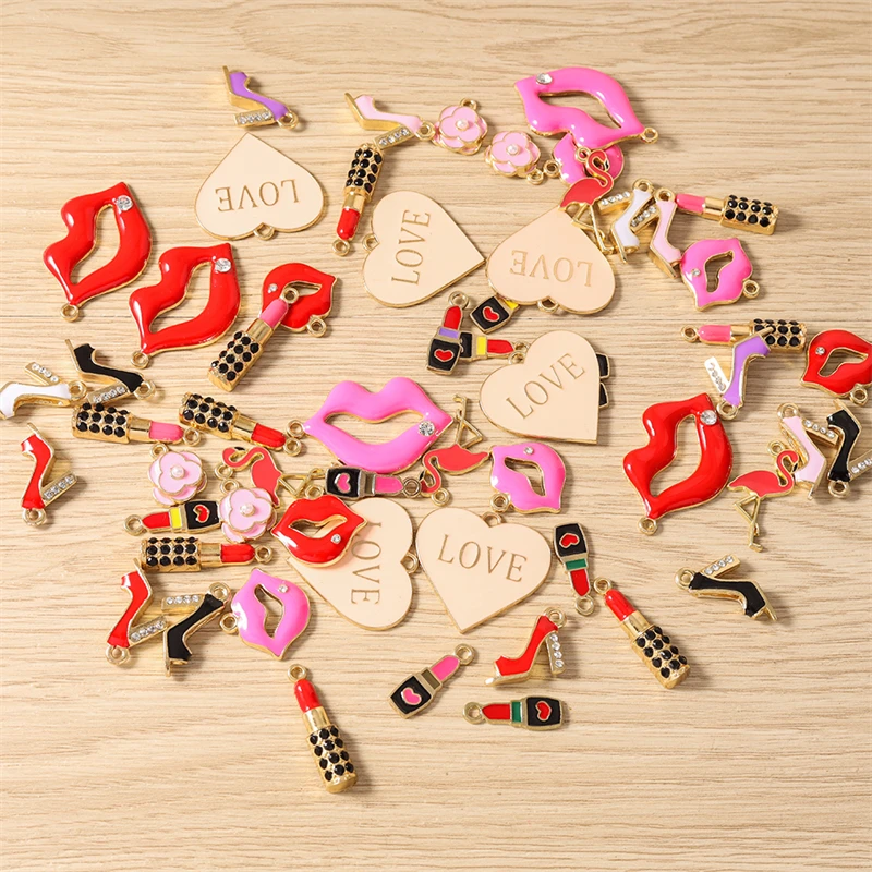 10pcs Cute Mix Enamel Red Lips Lipstick Heart Charms Pendants for Jewelry Making Drop Earrings Necklaces DIY Crafts Accessories