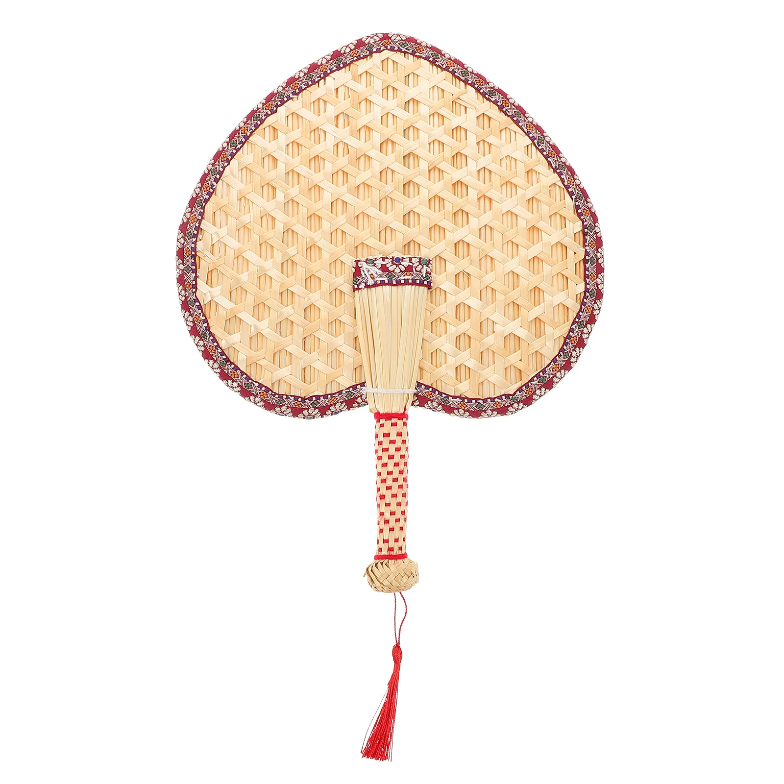 Abanico de paja de trigo hecho a mano, borde de tela roja en forma de corazón, refrigeración portátil, accesorio elegante de verano, regalo único para bebé