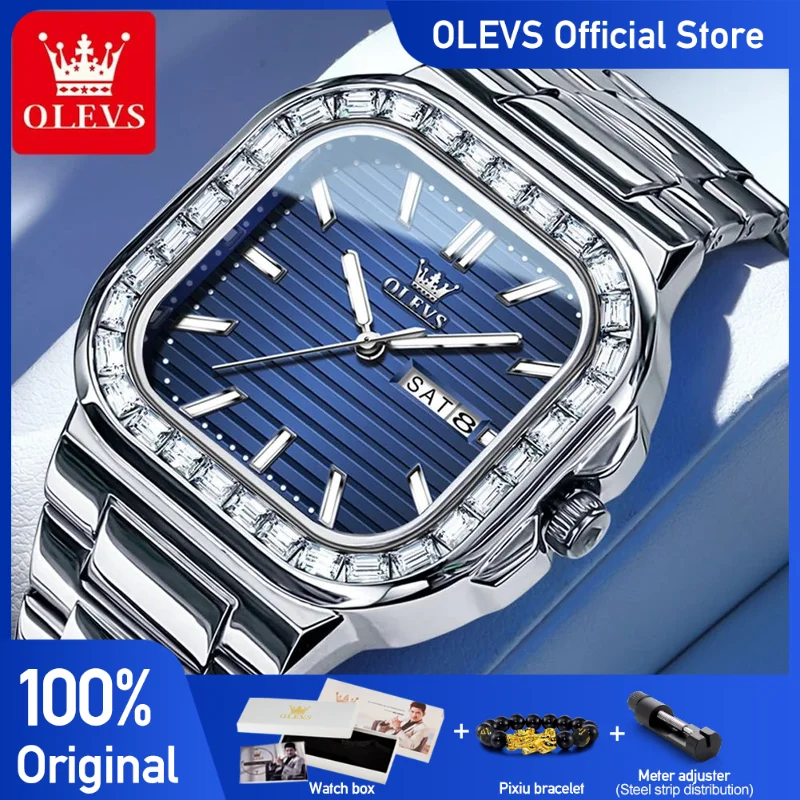 OLEVS Men\'s Watches Nautilus Striped Dial Square Wristwatch for Man Original Movement Waterproof Luminous Date Week Fashion