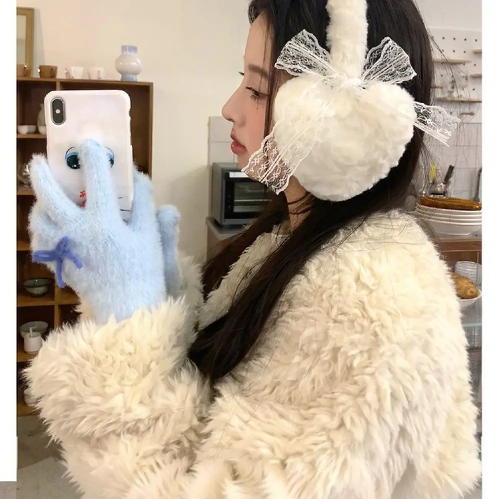 Fluffy Ear Warmers Winter Lace Bowknot Earmuffs Soft Plush Ear Covers For Women Student Daily Stylish Cold Protection