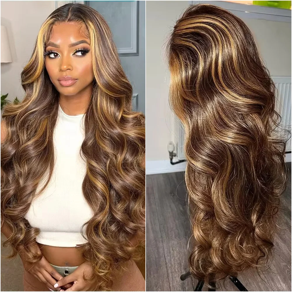 

Парик из 100% натуральных волос, 220 плотности, 4/27, с эффектом светлых прядей, волнистый, смешанный цвет, 13x6 HD Lace Frontal, 13x4 прозрачный кружевной фронтальный парик