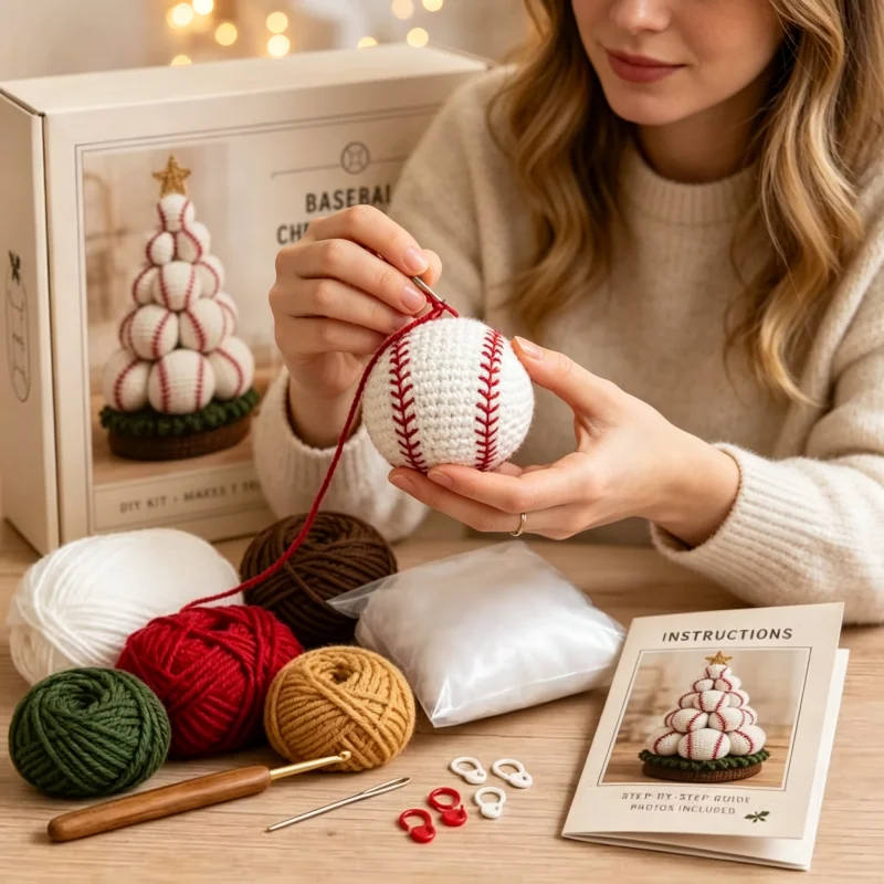 Baseball Christmas Tree Crochet DIY Kit Complete Yarn Set for Beginner Hand‑Making Desktop Ornament Holiday Home Decoration Gift