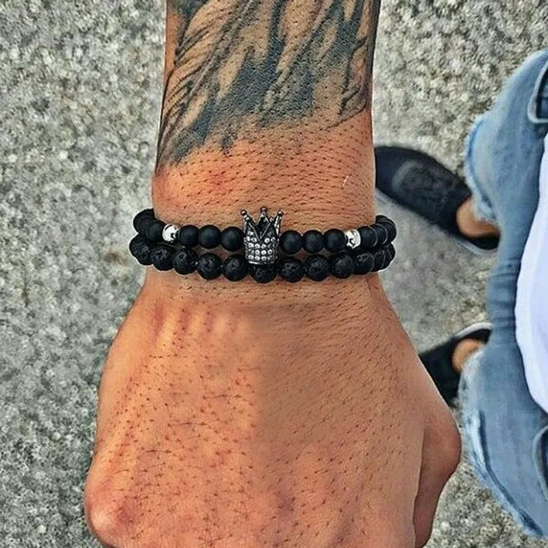 8Mm Black Matte Lava Stone Micro-inlaid Zircon Crown Two-piece Set Bracelet Bracelet Male Wholesale