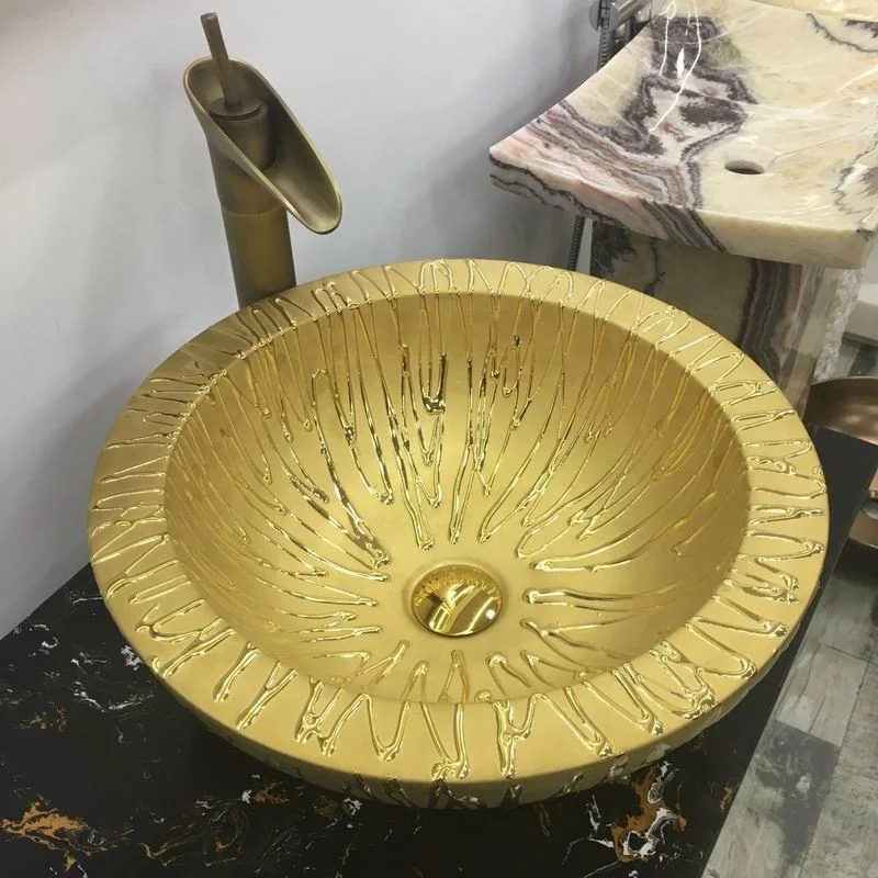 

New countertop gold porcelain bathroom sink luxury art gold ceramic wash basin