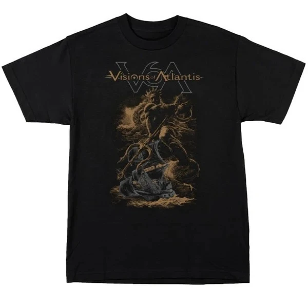 Visions of Atlantis Band T Shirt, Poseidon Trident Sea Serpent Wrecked Ancient Ship Vintage Sepia Engraving Ocean Myth
