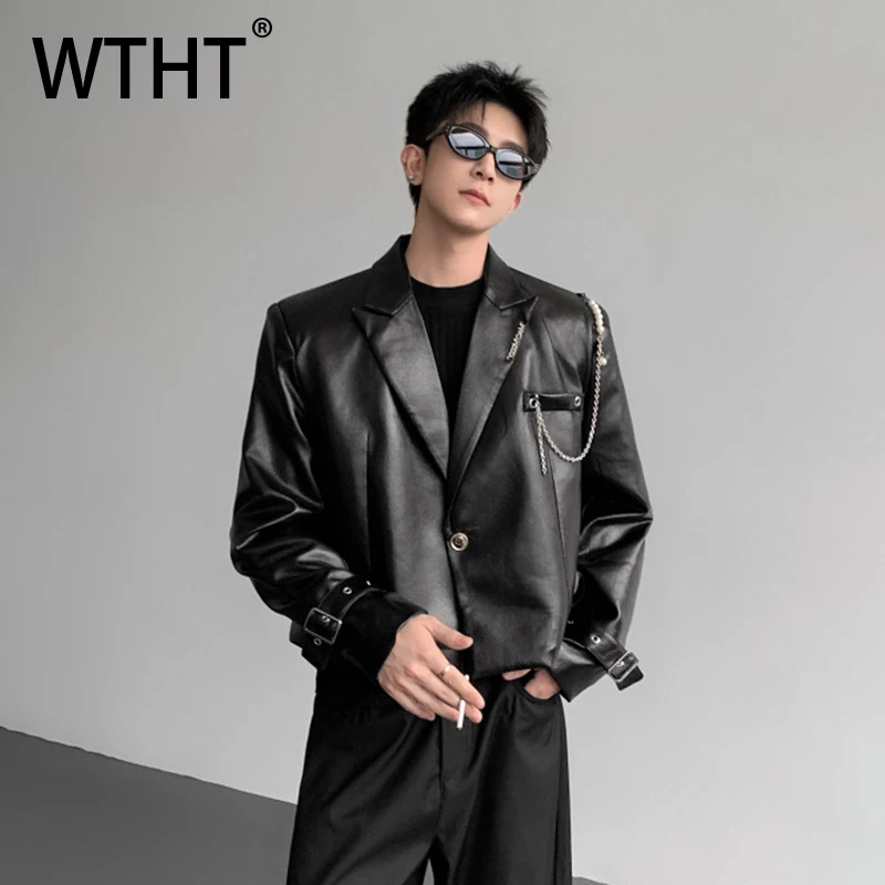 

WTHT Trendy 2025 Autumn Men's Leather Spliced Metal Chain Design Coats Fashion Long Sleeves Turn Down Collar Jackets Male 2A1486