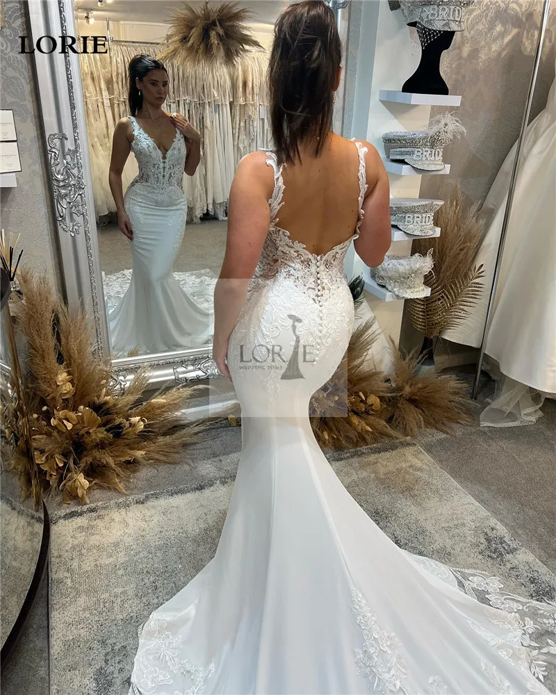 LORIE Sexy V Neck Mermaid Wedding Dresses Backless Satin Sleeveless  Bride Dress Elegant Lace Modest Bride Wedding Gowns 2023