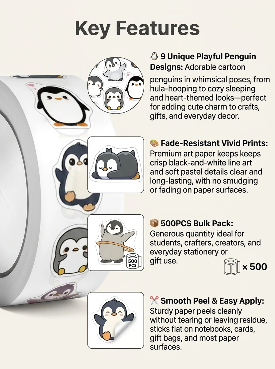 500Pcs Cute Kawaii Penguin Sticker Roll Whimsical Arctic Decals |9 Unique Designs Doodle Scrapbooking Gift Packaging Supply