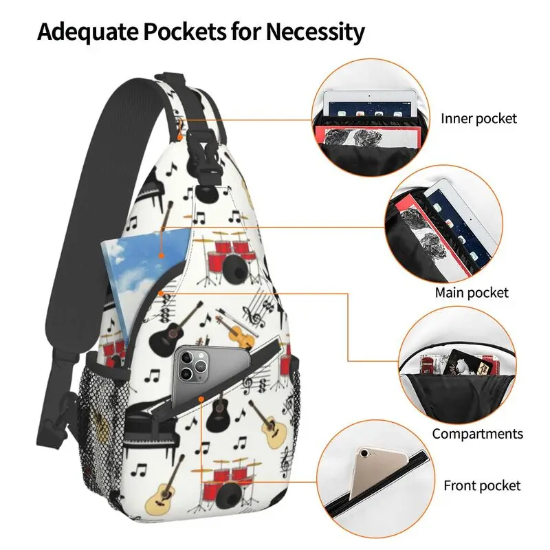 Casual Musical Music Piano Guitar Musical Notes Drums Crossbody Sling Backpack Men Music Notes Shoulder Chest Bag for Hiking