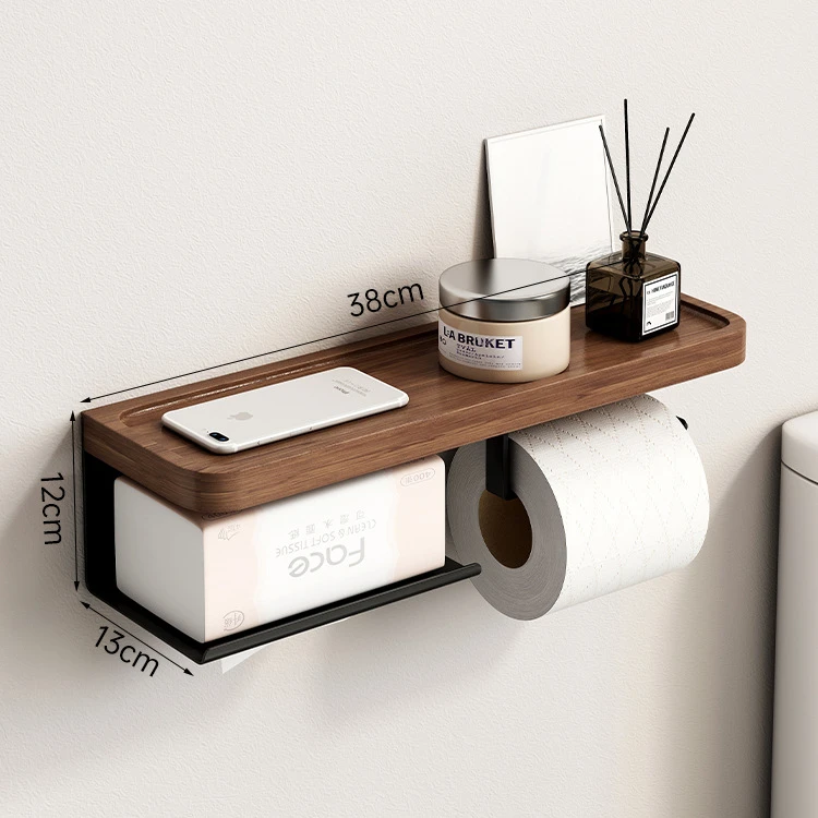 Toilet Paper Holder with Black Walnut Shelf for Bathroom Wall Toilet Paper Tissue Mounted Holder Black Phone Rack Double Roll