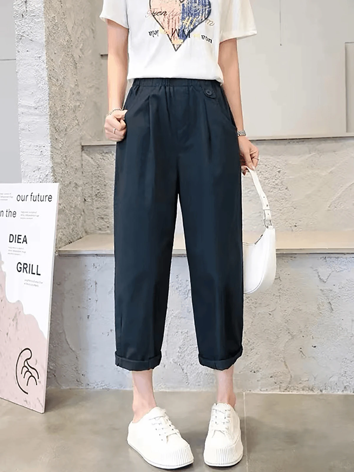 

Faionable High Waist Elastic Waist Casual Pants Women Summer New Sle Slimming Hip Covering Nine Points Pants Pure Color