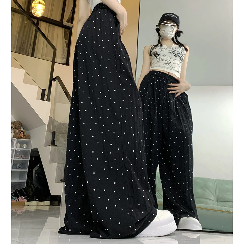 Summer Women Daily Thin Casual Pants Girls Comfortable Baggy Wide Leg Trousers Lady High Waisted Apricot Black Loose Dots Slacks