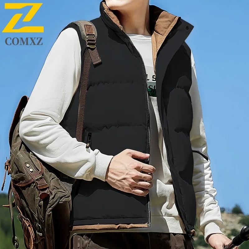 COMXZ  New Cotton Vest Fashion Stand Collar Men Winter Thickened Warm Vests Plus Size Sleeveless Sports Cold Proof Two Zip Gilet