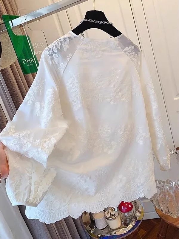 Ele Embroidered Lace irt Summer High-End Feeling Large Size New Chinese Sle National Trend Loose Fit Women's irt