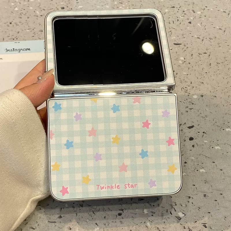 Kawaii Flip Case For Samsung Galaxy Z Flip 7 Z Flip6 Zflip5 Z Flip4 Zflip3 Cover Blue Checkered Pattern With Colorful Stars