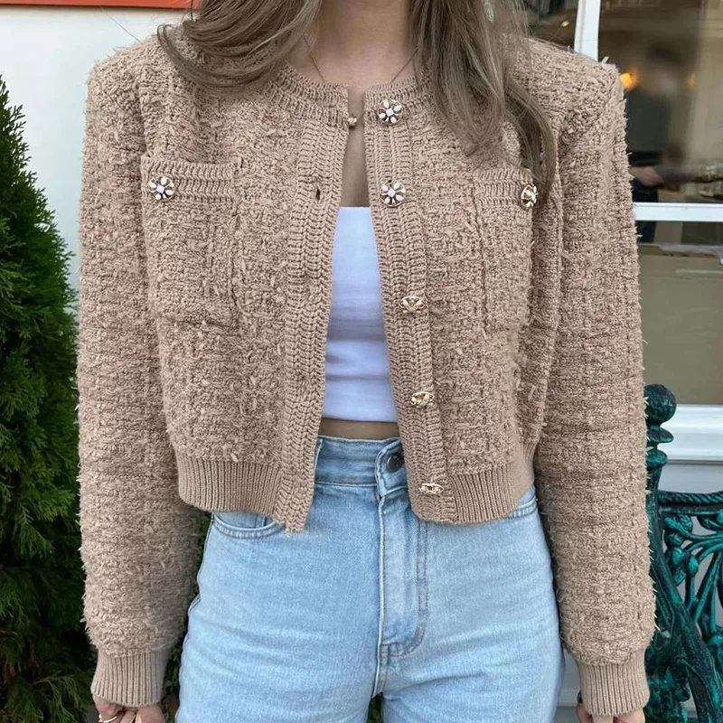 Korean Style Pink Round Neck Cropped Cardigans Women Chic Button Long Sleeve Knitted Coats Woman Elegant Pocket Short Cardigan