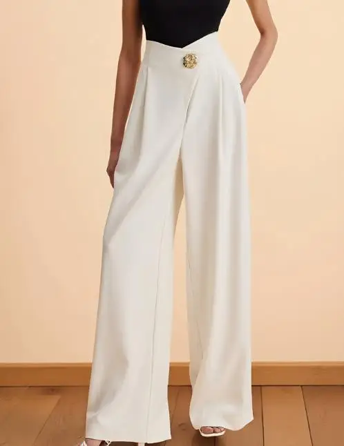 

Elegant Women's Pants with Spring and Summer Fashion Temperament, Commuting Style, High Waisted Metal Buckle Wide Leg Pants