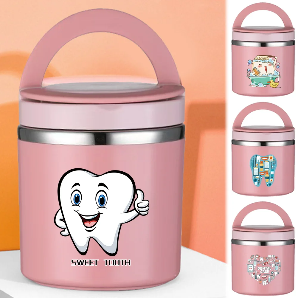 

Insulated Soup Cup Children School Student Office Solid Color Bento Box Lightweight Single Layer Teeth Print Picnic Thermal Jar