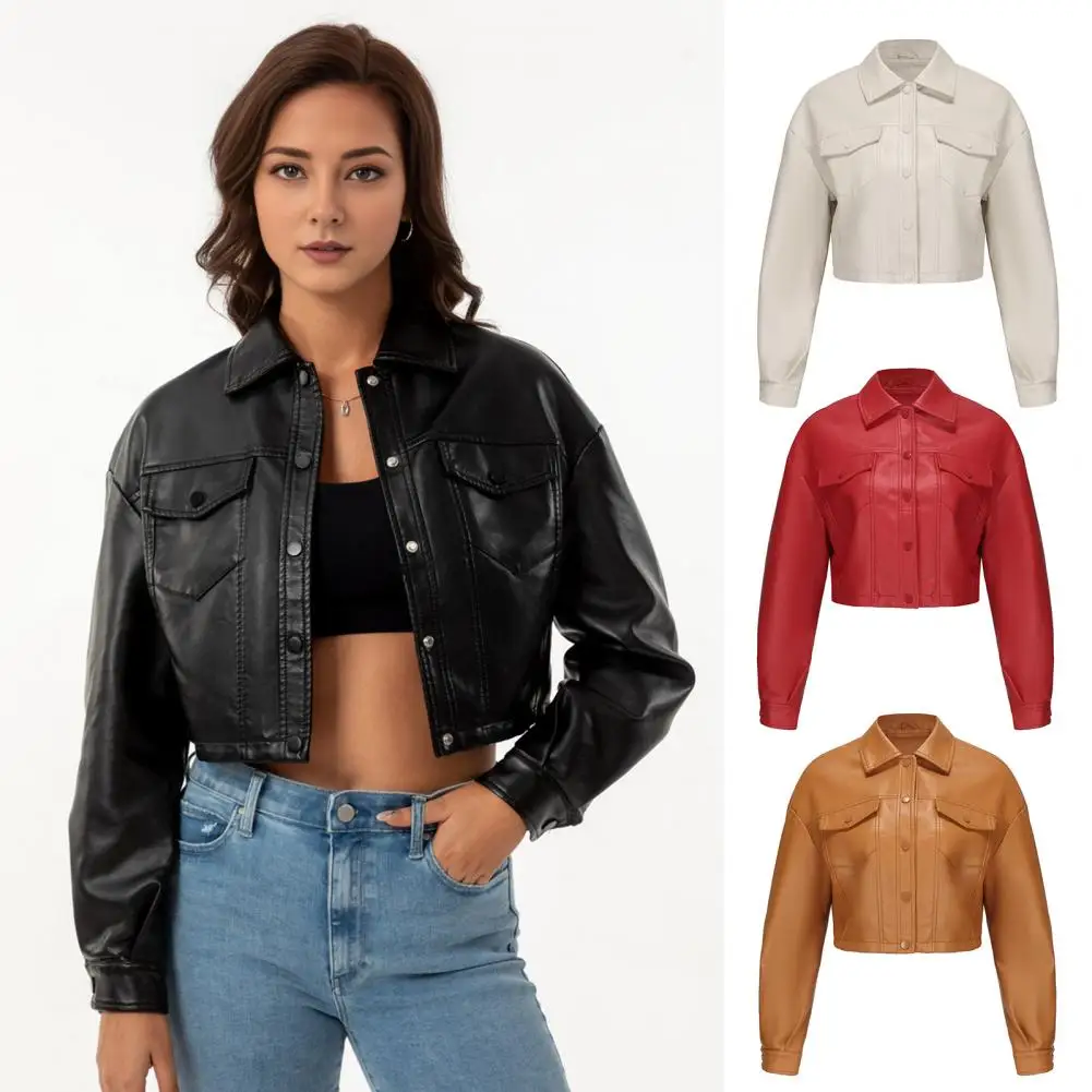 Splash-resistant Coat Stylish Women's Windproof Faux Leather Motorcycle Coat with Slim Fit Design Chest Pocket for Bikers