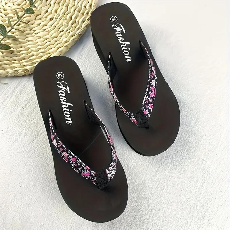 1pc Women\'s Flower Pattern Fashion Flip Flops Non-slip Lightweight Beach Platform Slippers Women\'s Footwear Breathable Open Toe