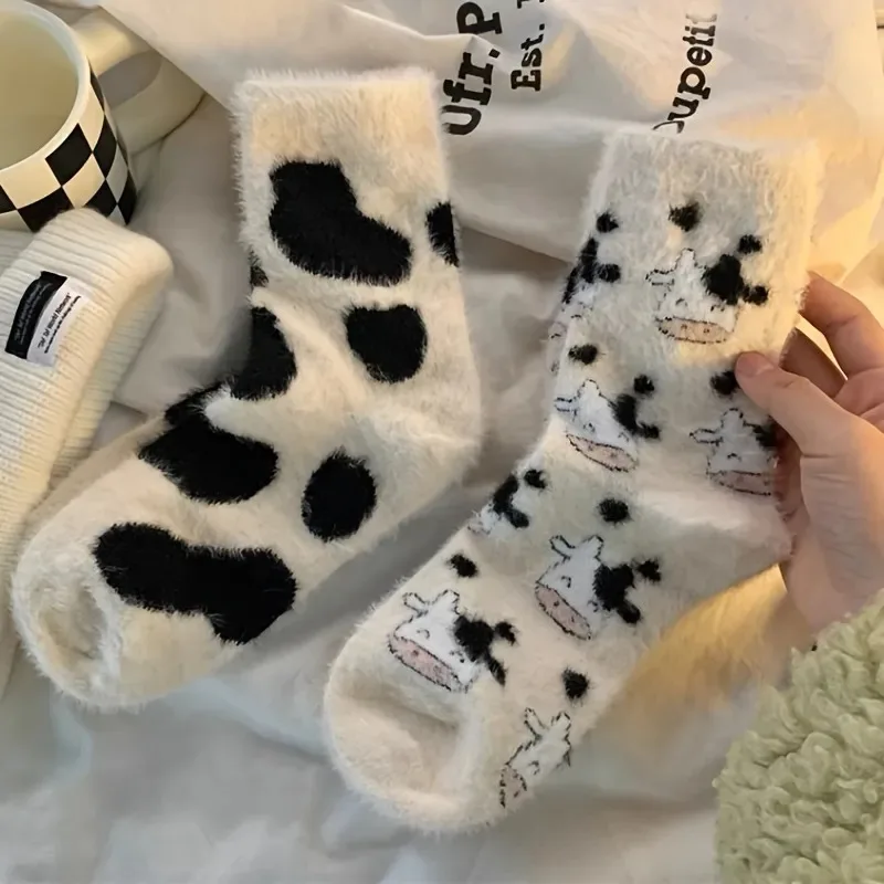 2 Pairs Cute Cow Spots Print Socks, Thickened & Warm Coral Fleece Socks, Women\'s Stockings & Hosiery