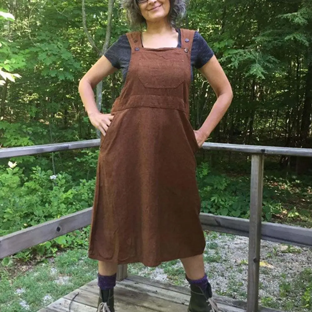 

Summer Women Dress With Pocket Solid Color Sleeveless Strap Dress Vintage Calf-Length Cotton Linen Dress Streetwear