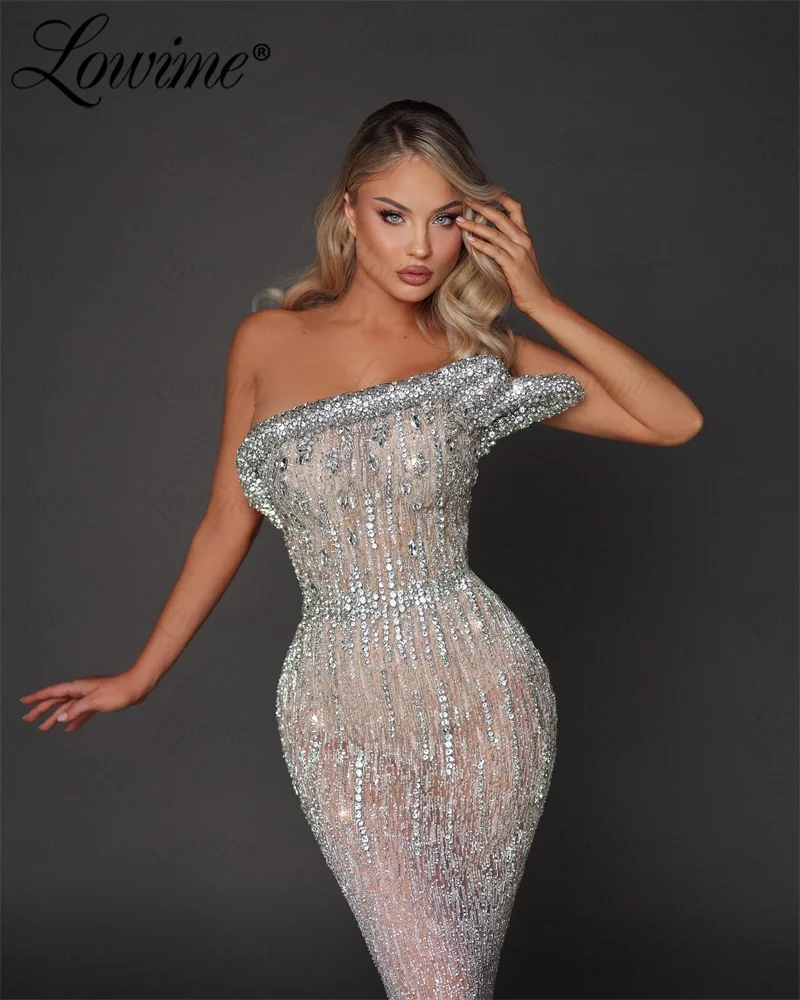 Couture 2024 Silver Prom Dress Heavy Beads Strapless Mermaid Party Gowns For Wedding Aso Ebi Birthday Engagement Evening Dresses
