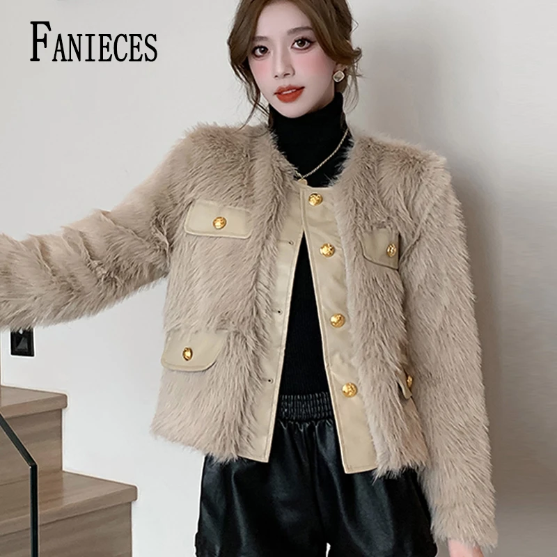 

FANIECES Fur Imitation Coat For Women Elegant Party Feather Overcoat Winter Tops Fashion Collarless Fur Jacket пальто женское 코트